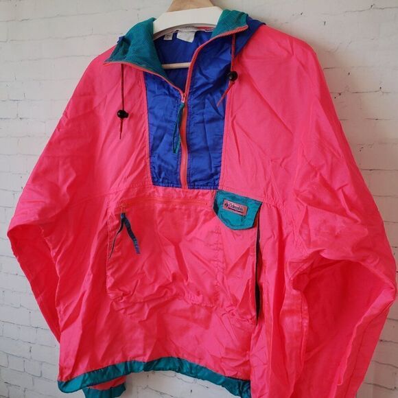 Columbia VTG Nylon Windbreaker Mens Size L Hot Pink Radial Sleeve 1/2 Zip Jacket - Picture 2 of 9